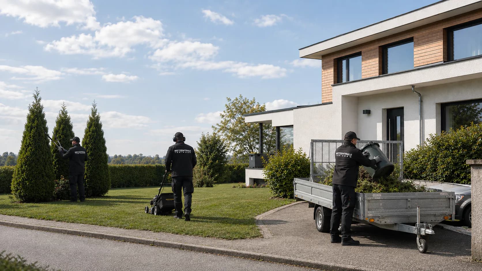 Drei Mitarbeiter der Mietzentrale Tübingen bei der Arbeit vor einem modernen Wohnhaus: Heckenschnitt, Rasenmähen und Beladen eines Anhängers