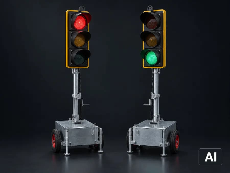 Mobile Baustellenampel, ein Satz aus zwei Signalgebern auf fahrbaren Akkukästen (KI-generiert)