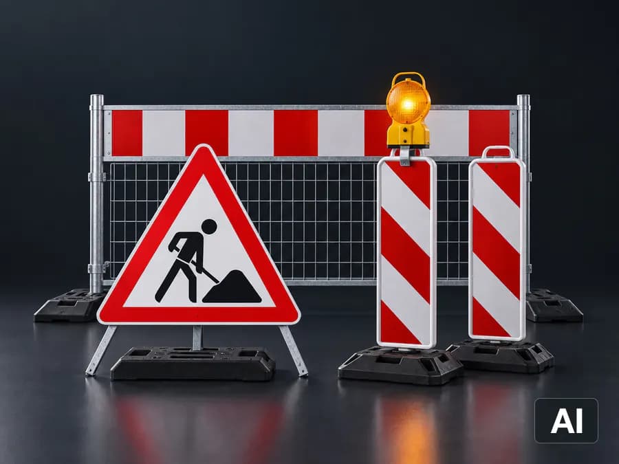 Absperrschrankengitter, zwei Leitbaken mit Warnleuchte und Verkehrszeichen 123 als Satz (KI-generiert)