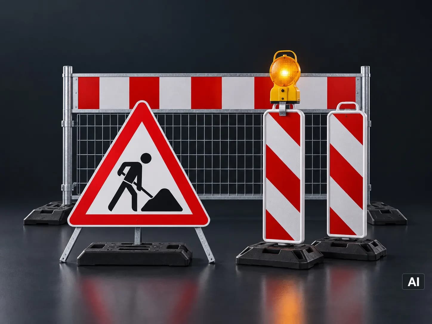 Absperrschrankengitter, zwei Leitbaken mit Warnleuchte und Verkehrszeichen 123 als Satz (KI-generiert)