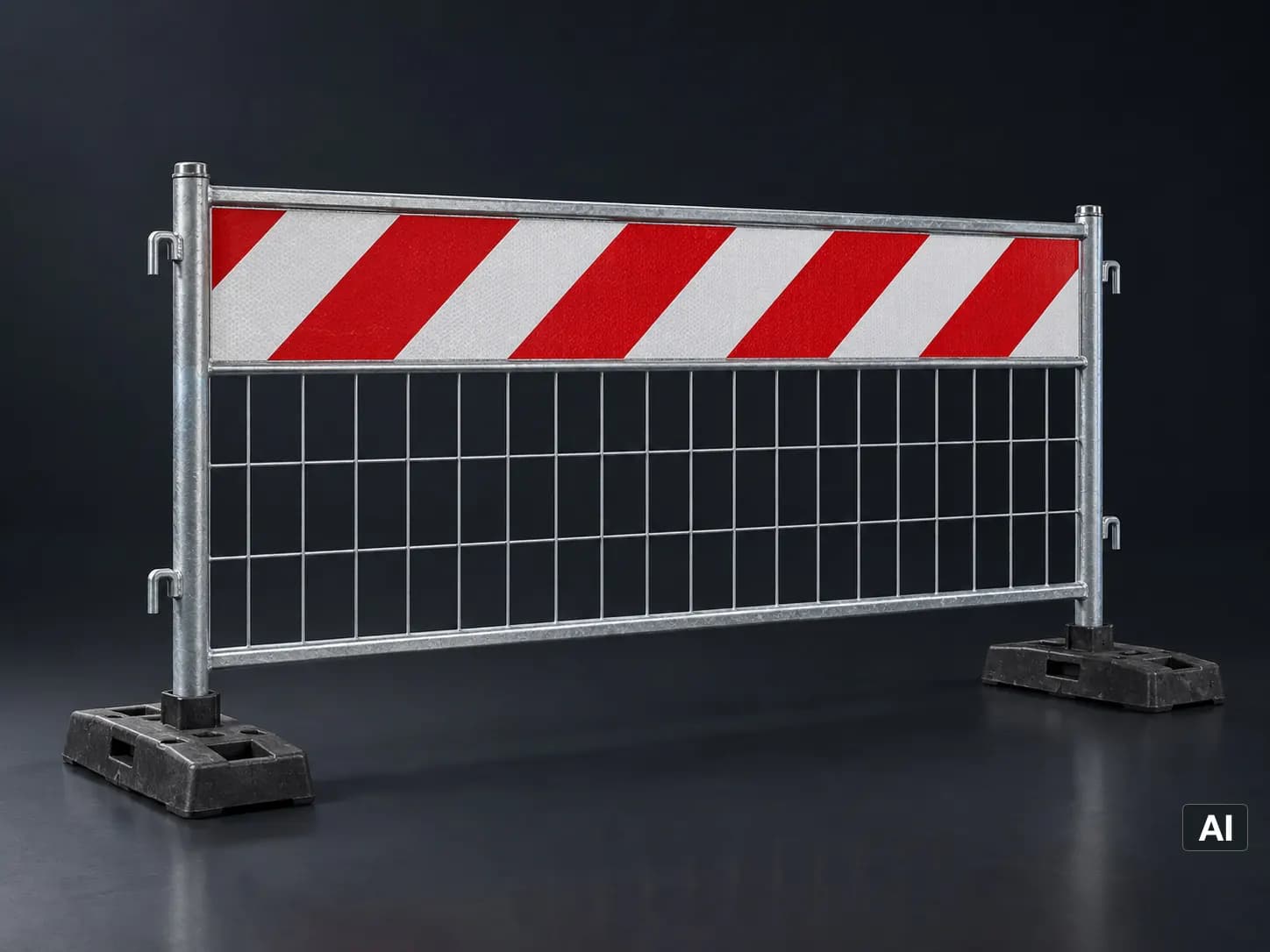 Absperrschrankengitter mit rot-weißer Schranke, Gitterfüllung und Fußplatten (KI-generiert)