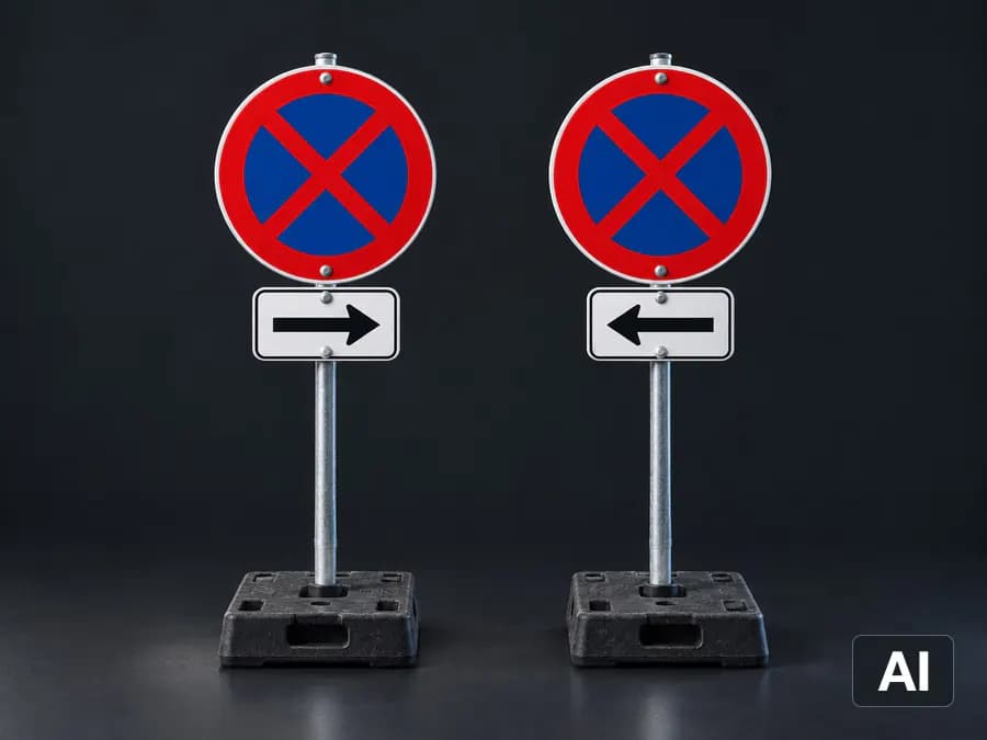 Zwei Halteverbotsschilder (Zeichen 283) mit Pfeil auf Fußplatten, Anfang und Ende der Zone (KI-generiert)