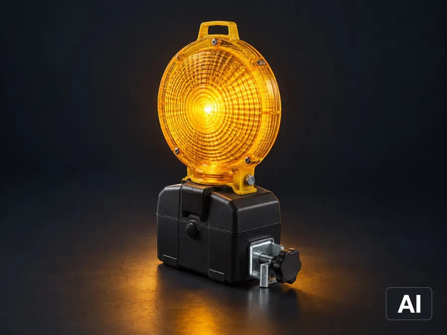 Gelbe LED-Warnleuchte mit Batteriegehäuse und Klemmhalter (KI-generiert)