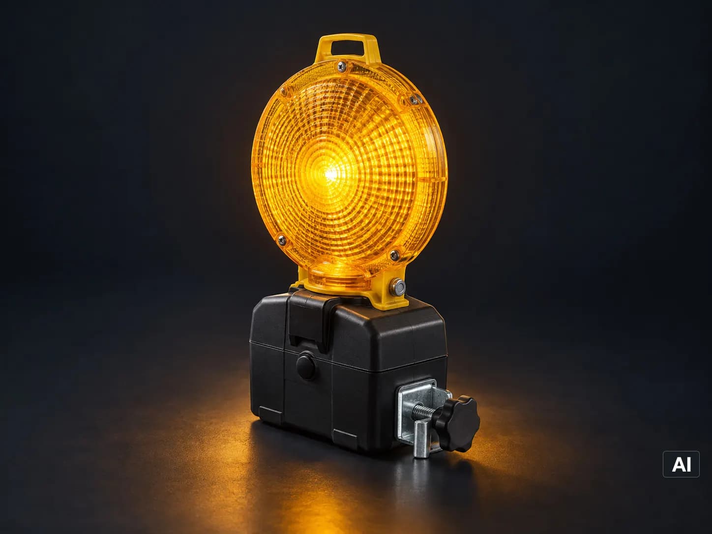 Gelbe LED-Warnleuchte mit Batteriegehäuse und Klemmhalter (KI-generiert)