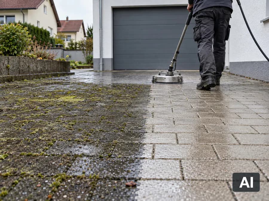 Pflaster einer Einfahrt mit dem Flächenreiniger abgestrahlt: links noch vermoost, rechts sauber (KI-generiert)