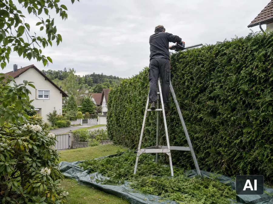 Heckenschnitt an einer hohen Thujahecke von der Stehleiter aus, darunter eine Plane mit Schnittgut (KI-generiert)