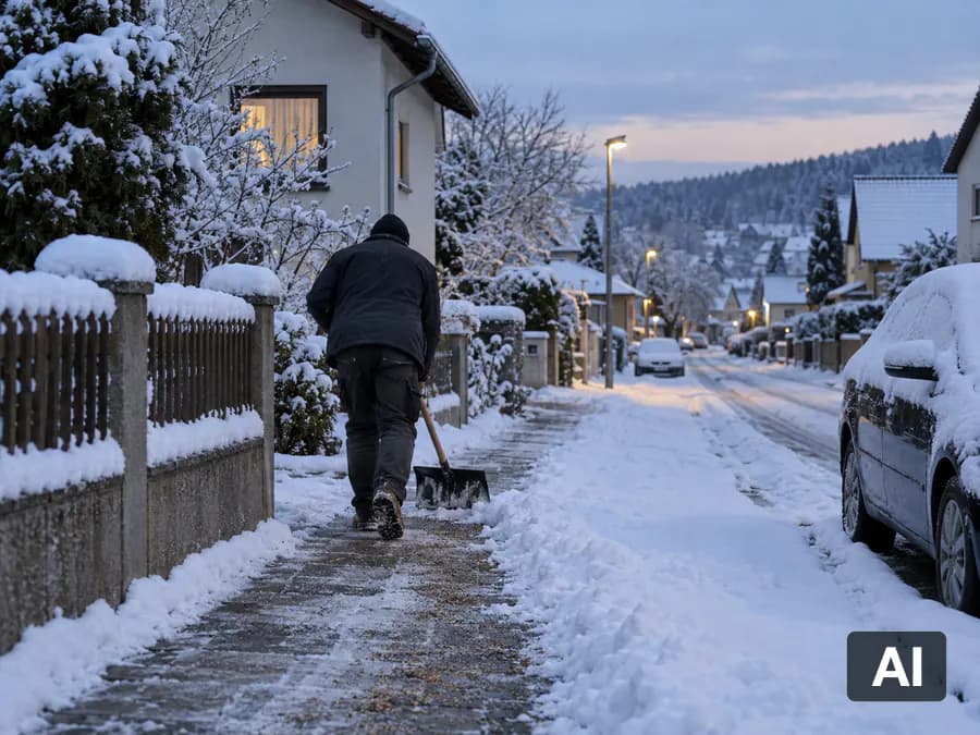Geräumter und gestreuter Gehweg vor Wohnhäusern am frühen Wintermorgen (KI-generiert)