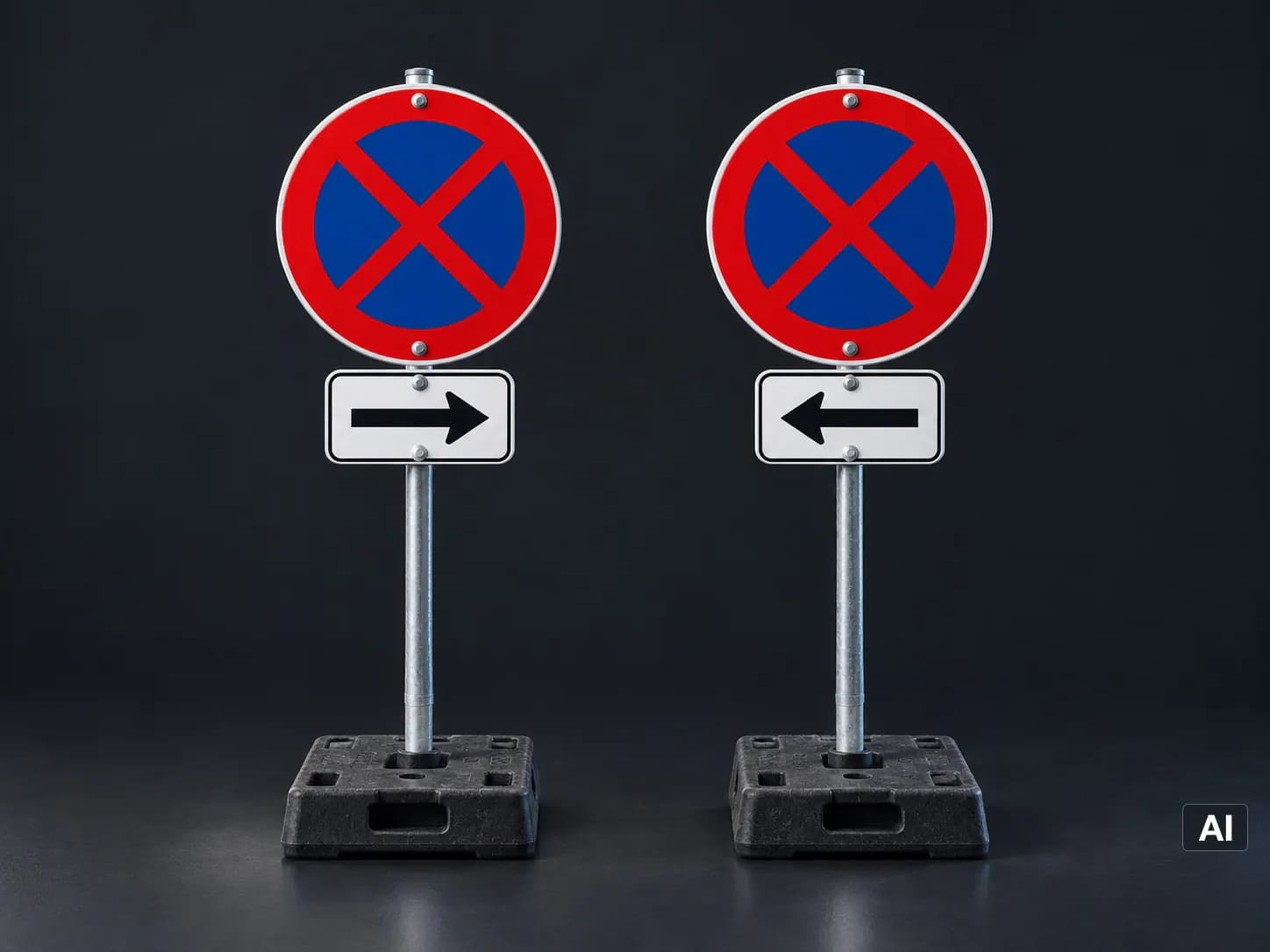 Zwei Halteverbotsschilder (Zeichen 283) mit Pfeil auf Fußplatten, Anfang und Ende der Zone (KI-generiert)
