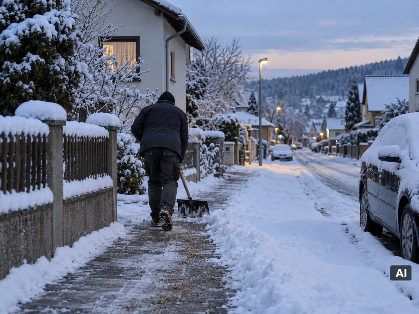Geräumter und gestreuter Gehweg vor Wohnhäusern am frühen Wintermorgen (KI-generiert)